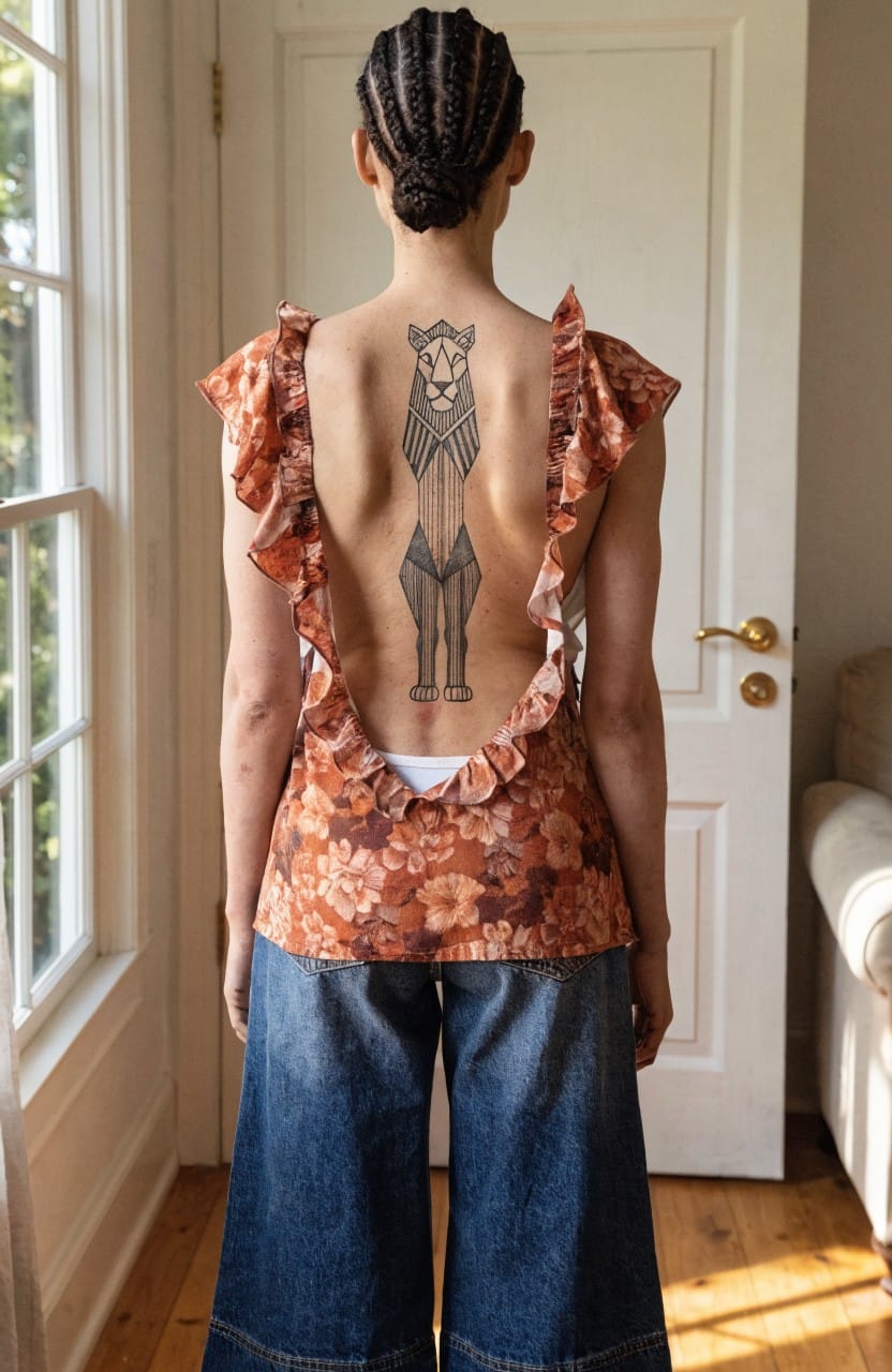 Black geometric linework tattoo of an upright stylized lion spanning a woman's full back from shoulders to lower back