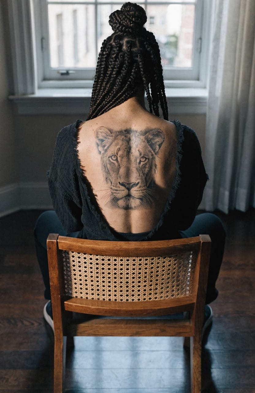 Black and grey realistic lion head tattoo spanning a woman's upper back