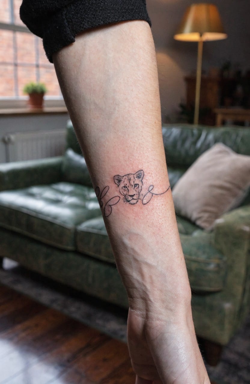 Minimalist black linework leopard head tattoo with bracelet-like flowing lines on a woman's forearm