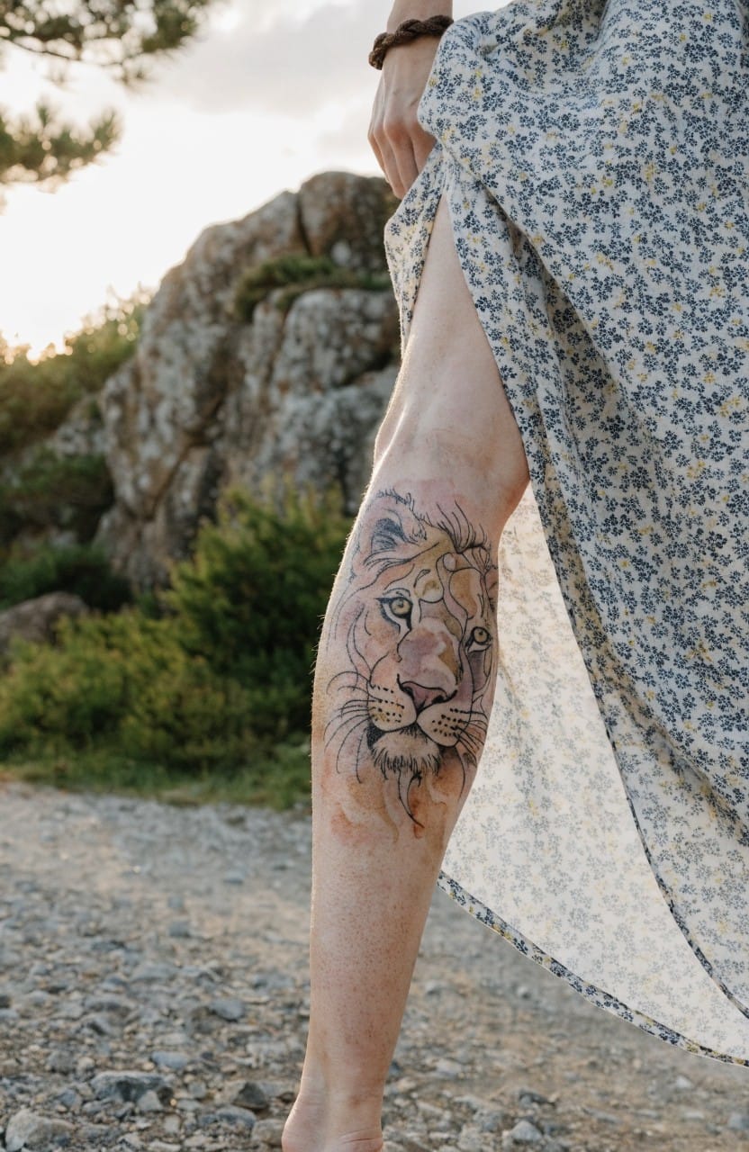 Woman's outer thigh with large realistic lion head tattoo in black and grey watercolor style, skirt lifted against rocky outdoor background