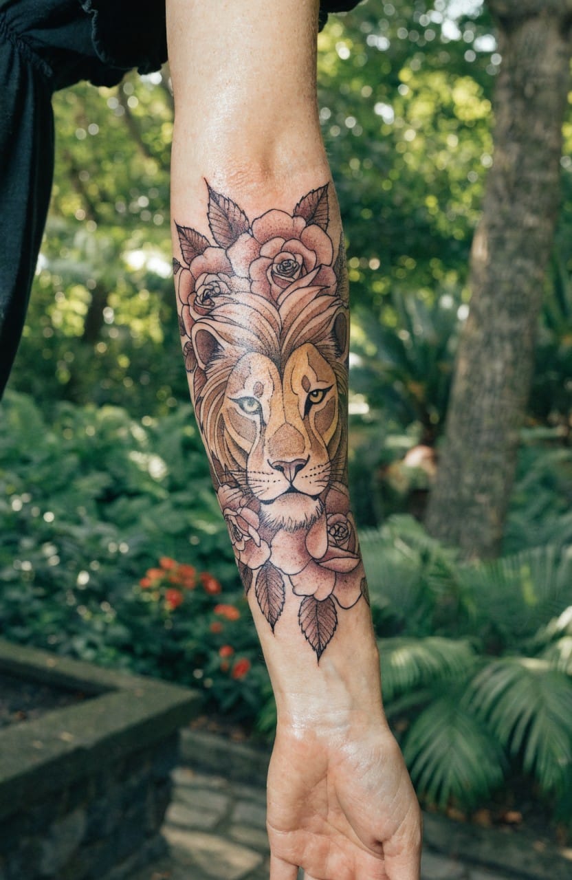 Woman's outer forearm tattoo of a shaded lion head with pink roses and leaves wrapping the mane, photographed in a green garden setting