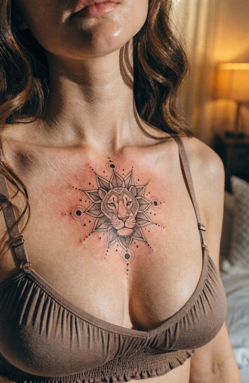 Black linework mandala with lion head tattoo across a woman's upper chest over beige bra
