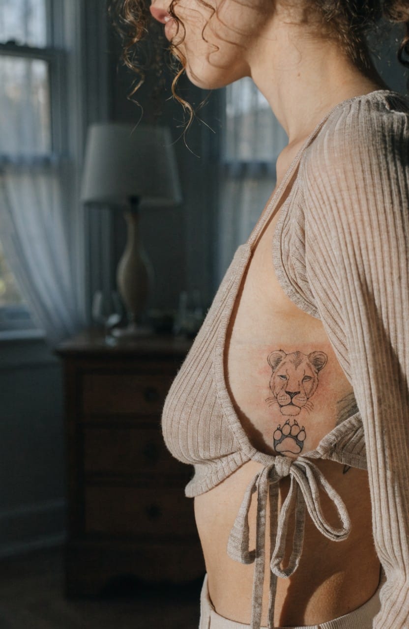 Woman's side torso with a black linework lion head tattoo under the bust visible through a sheer knit top