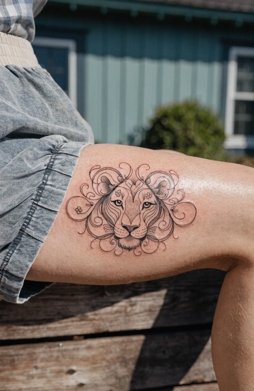 Woman's upper thigh tattooed with a detailed black linework lion face surrounded by intricate swirling and floral patterns, viewed outdoors near a green house