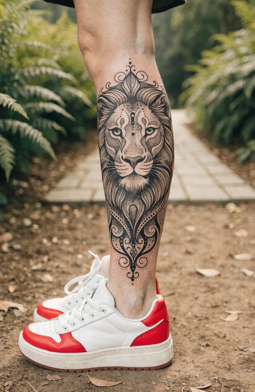 Black ink lion head tattoo with intricate mandala patterns and filigree on a lower leg in an outdoor setting