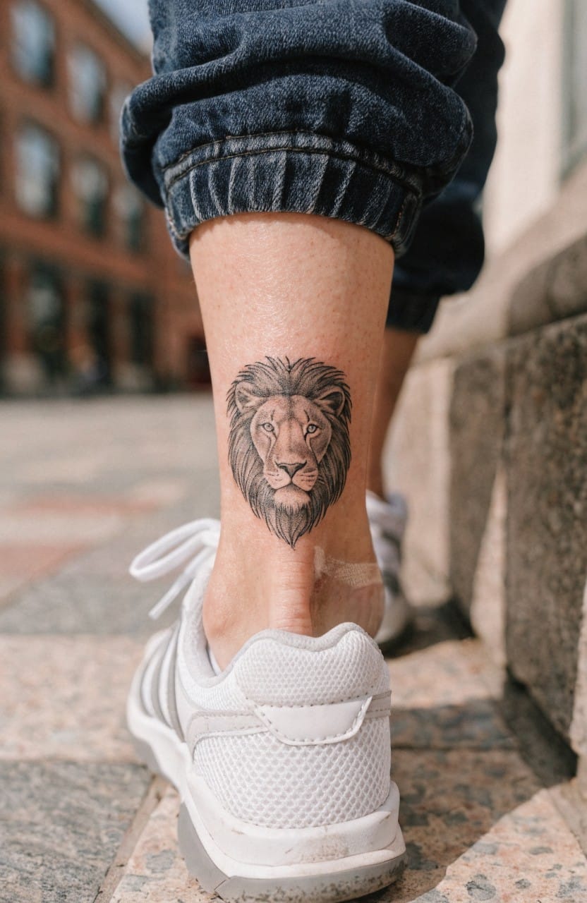 Woman's lower leg with realistic black and grey lion head tattoo on the shin, cuffed jeans, white sneakers, urban steps background