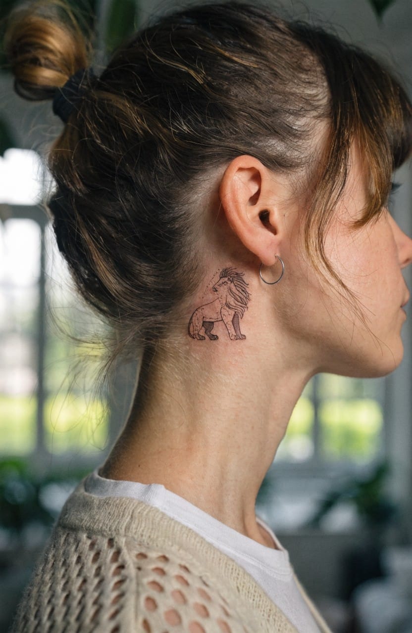 Delicate black line art tattoo of a sitting lion behind a woman's ear on her neck
