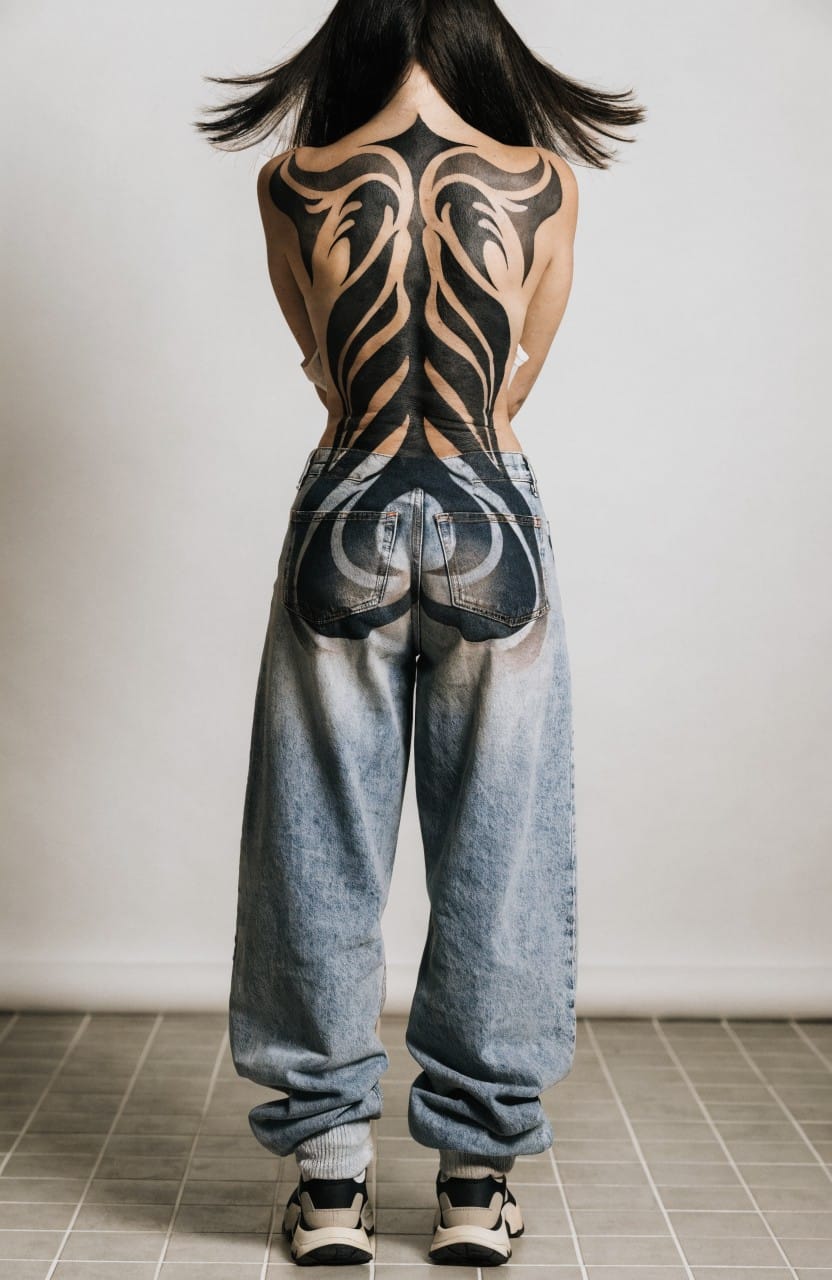 Symmetrical black tribal flame tattoo across woman's upper back, bold linework from shoulders to waist