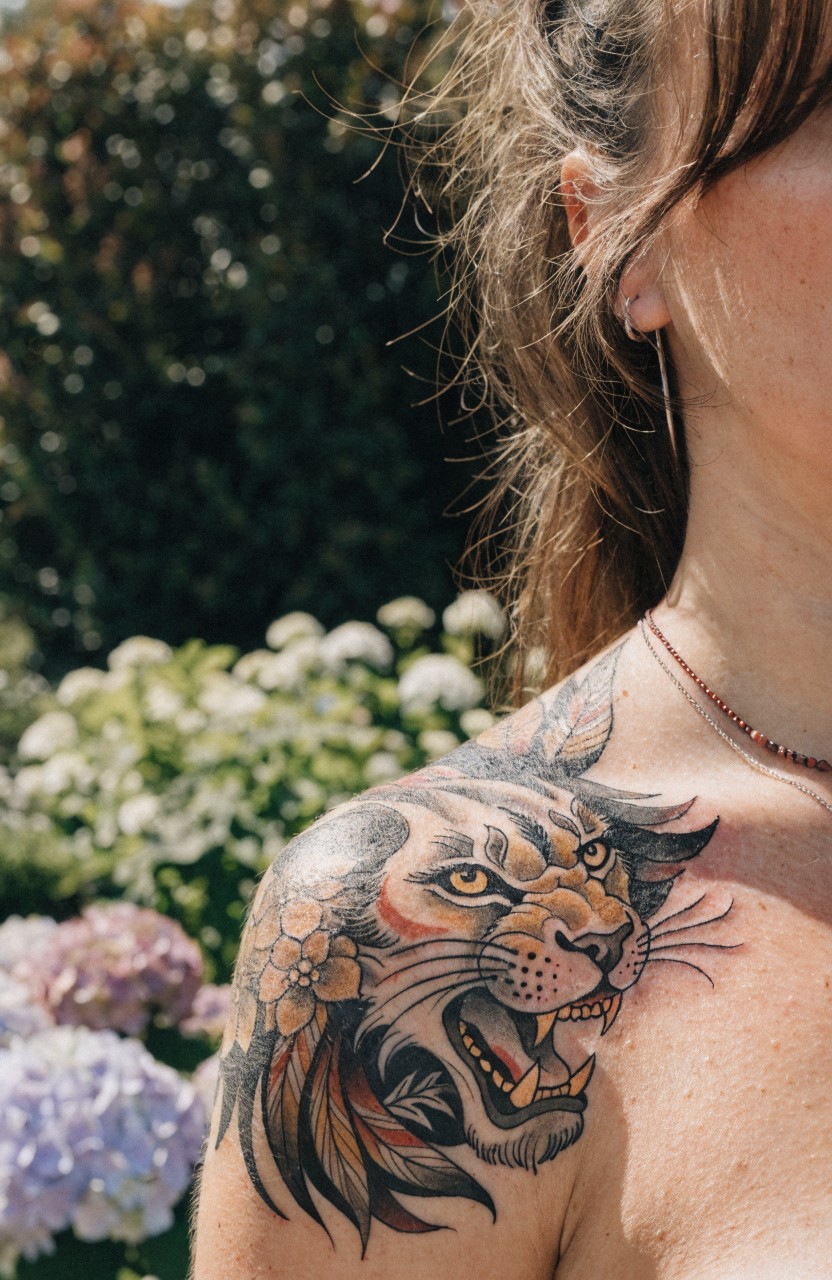 Woman's shoulder tattoo of a snarling lion head with integrated pink flowers and orange fur shading in neo-traditional style against garden backdrop