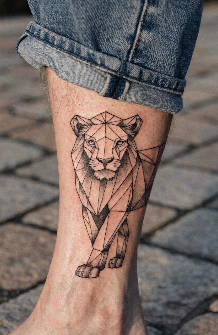 Geometric black line lion tattoo striding up the lower leg on tiled ground