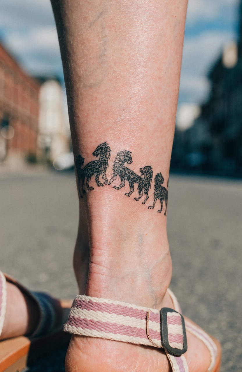Black line art tattoo of four horses in a row wrapping the ankle like a bracelet on a woman in pink sandals