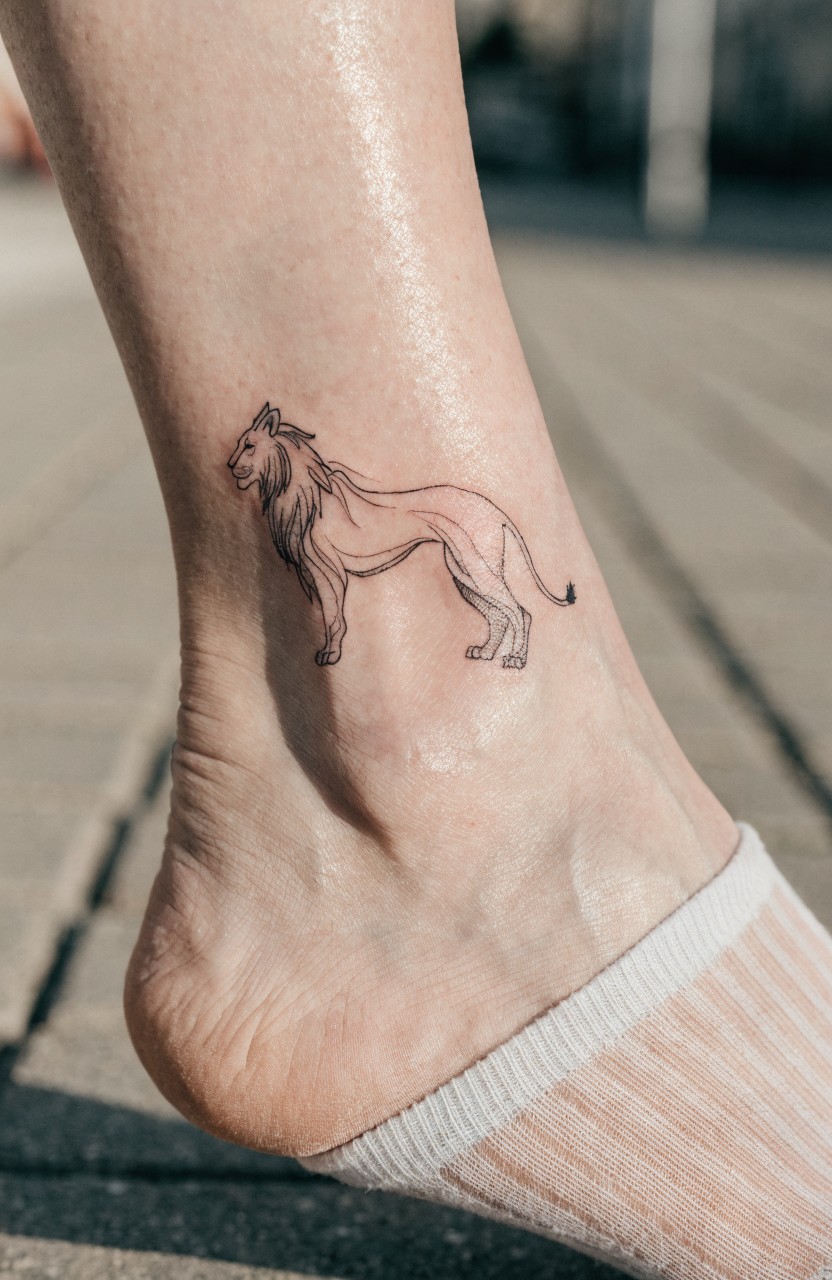 Minimalist black linework lion tattoo on a woman's ankle and lower leg with subtle shading on a shiny skin surface