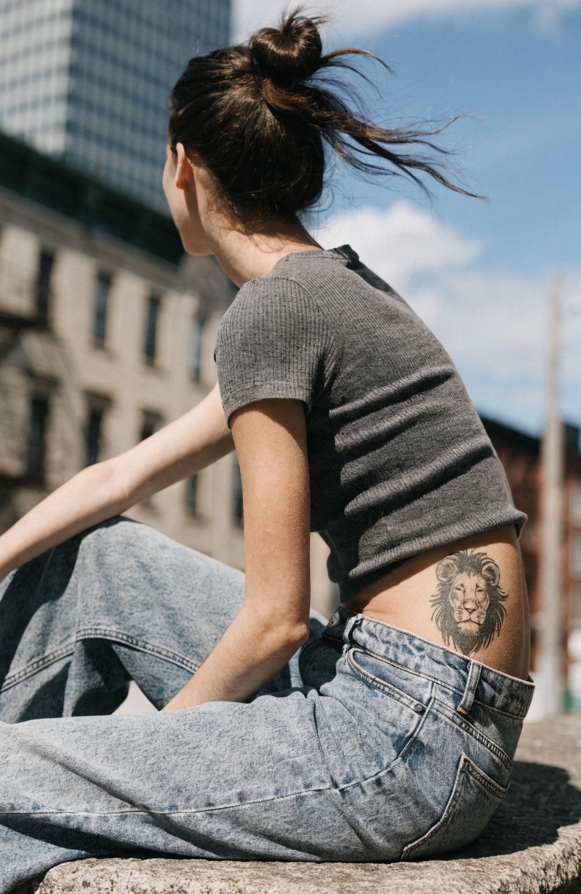 Realistic black ink lion head tattoo on a woman's lower back above low-rise jeans