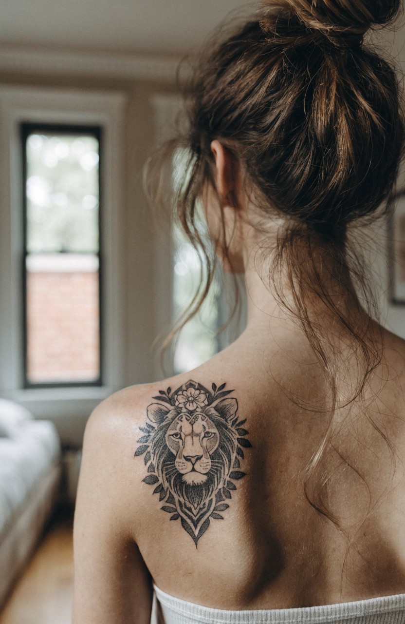 Woman's upper back with detailed black ink lion head tattoo on shoulder, framed by floral and geometric patterns