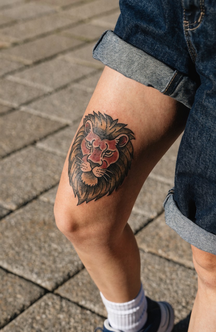 Colorful lion head tattoo on outer thigh with red mane shading and bold outlines
