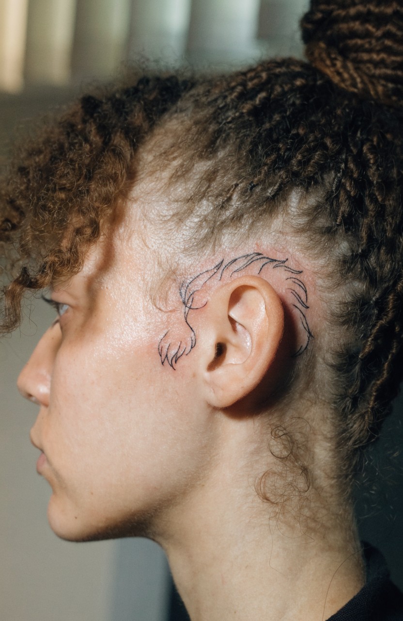 Side profile of a woman with minimalist black linework lion tattoo on temple, flames curling behind ear into braided hair