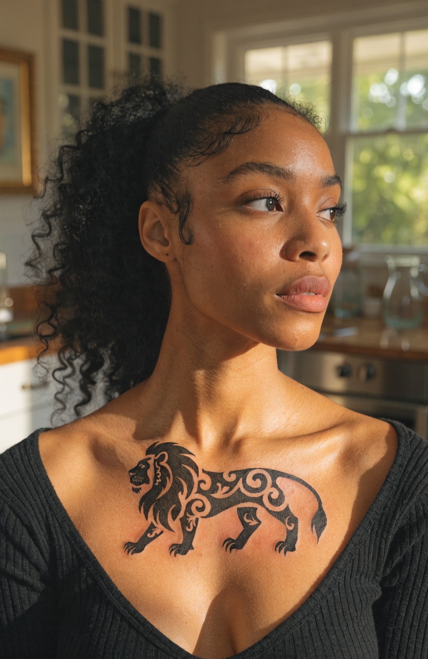 Black linework lion tattoo spanning a woman's upper chest from collarbone to cleavage with tribal patterns on mane and body