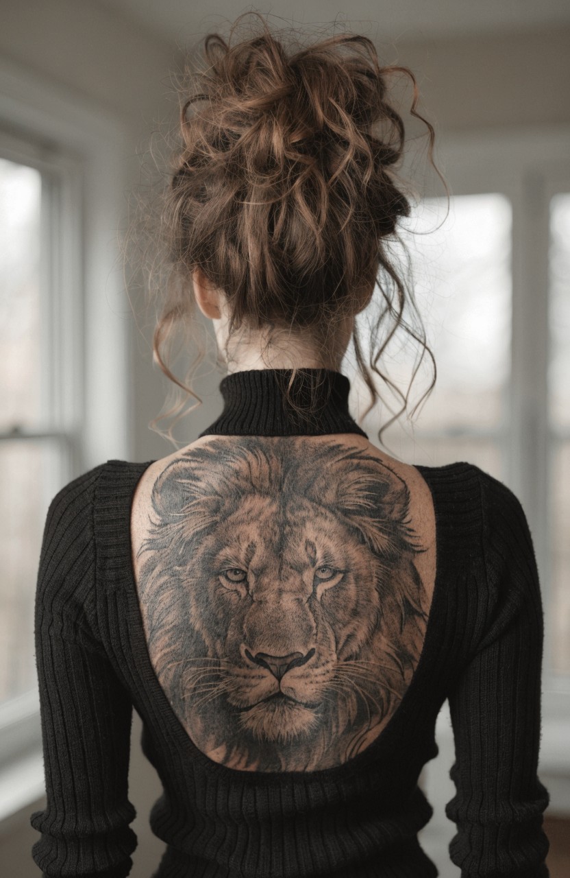 Woman in black backless turtleneck sweater displaying large realistic black and gray lion head tattoo across her upper back