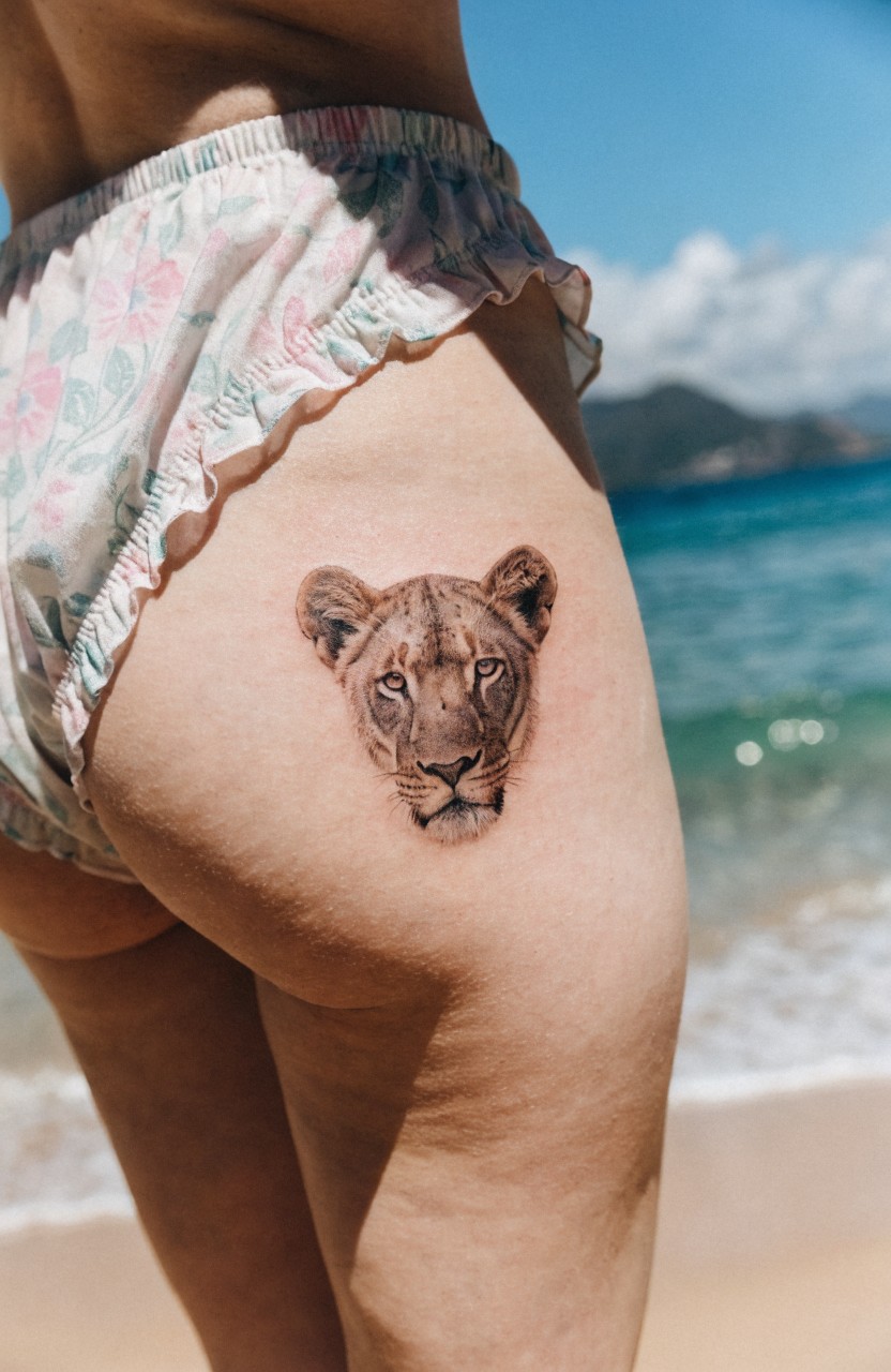 Realistic black and gray lioness portrait tattoo on a woman's upper thigh and buttock curve, beach scene in background