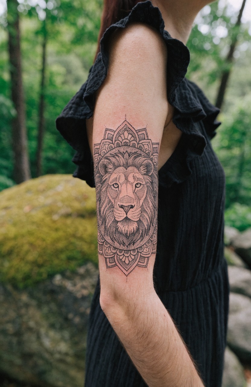 Woman's upper outer arm tattoo of a realistic lion head framed by detailed mandala patterns in black and grey ink, shown outdoors in green forest with mossy rocks