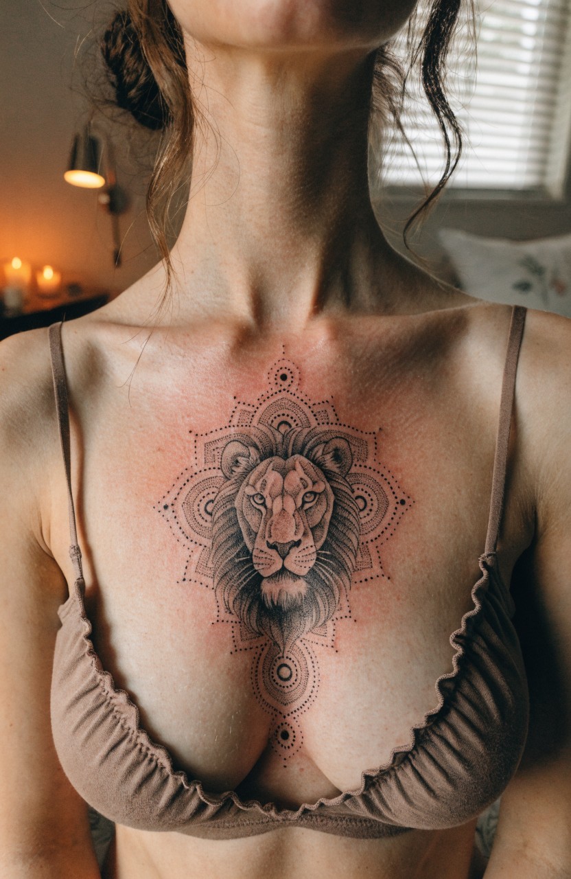 Black ink mandala tattoo featuring a lion face at the center on a woman's chest, with intricate geometric patterns and dots extending toward the collarbone and cleavage