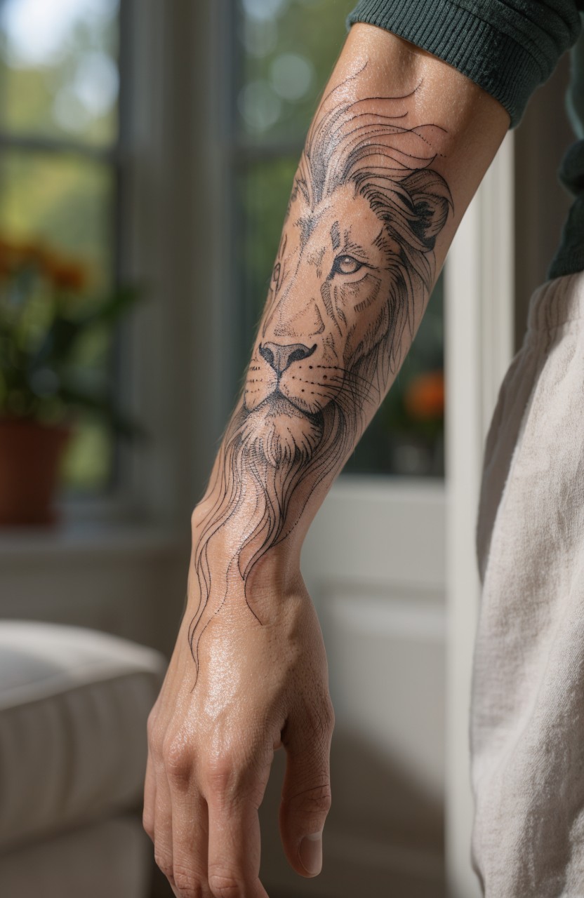 Detailed black and grey lion head tattoo on the forearm with flowing mane extending toward the wrist