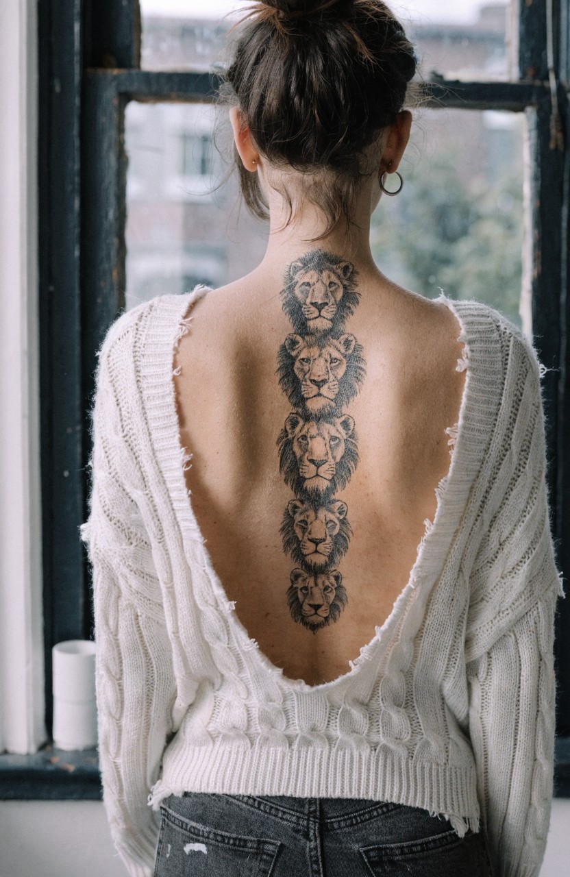 Black ink tattoo of five realistic lion heads stacked vertically down a woman's upper back and visible through an off-shoulder sweater