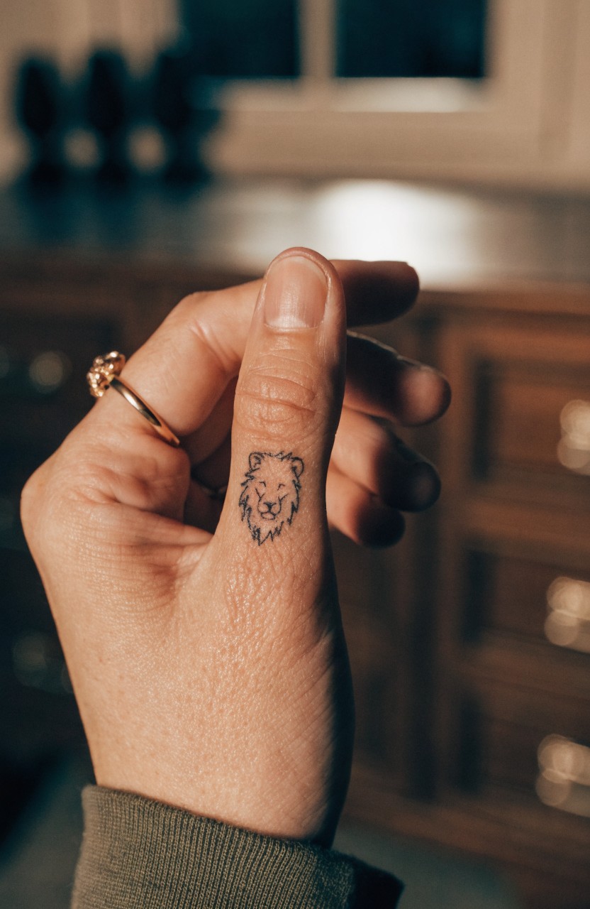 Woman's hand holding up index finger to show small black linework lion head tattoo on the side, kitchen cabinets in background