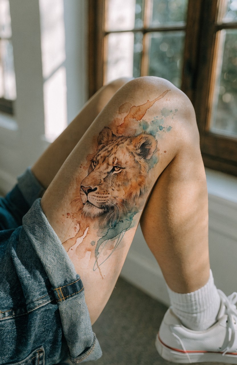 Watercolor lion head tattoo on a woman's thigh with orange, teal, and splash effects