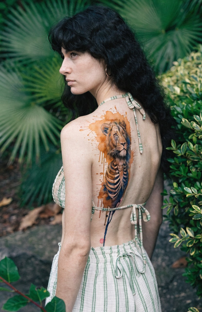 Woman standing with back turned showing large watercolor lion tattoo with orange drips x-ray ribs and skeletal details across upper back in tropical plant setting