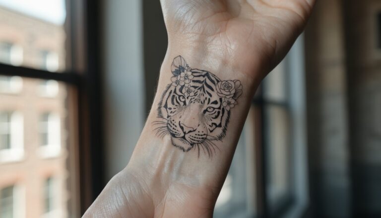 23 Elegant Floral Tiger Tattoo Ideas for Women With Graceful Presence Black fine line tattoo of tiger head surrounded by roses on woman's wrist