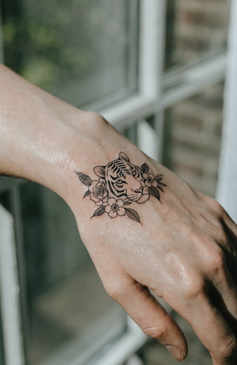 Black fine line tattoo of tiger head surrounded by roses on woman's wrist