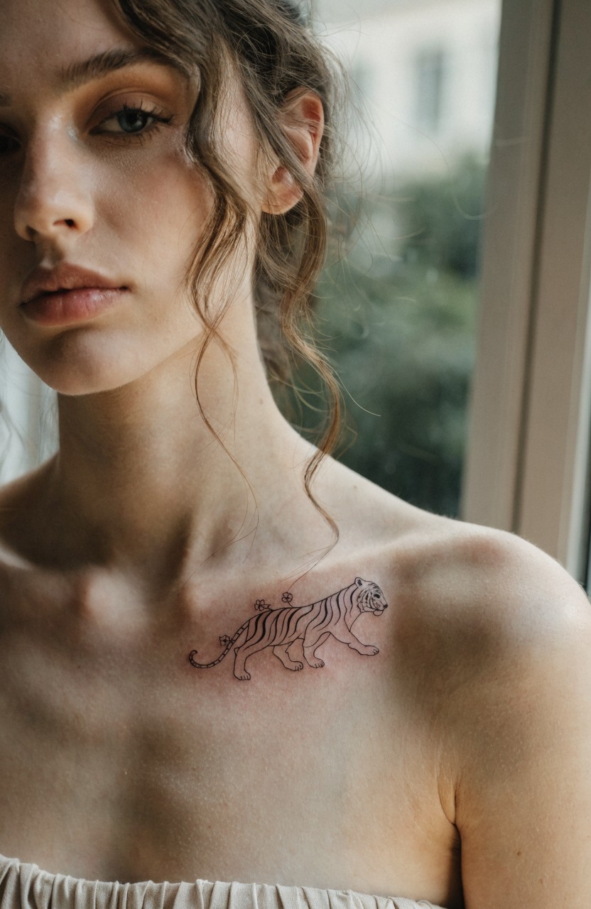 Fine line tiger on collarbone