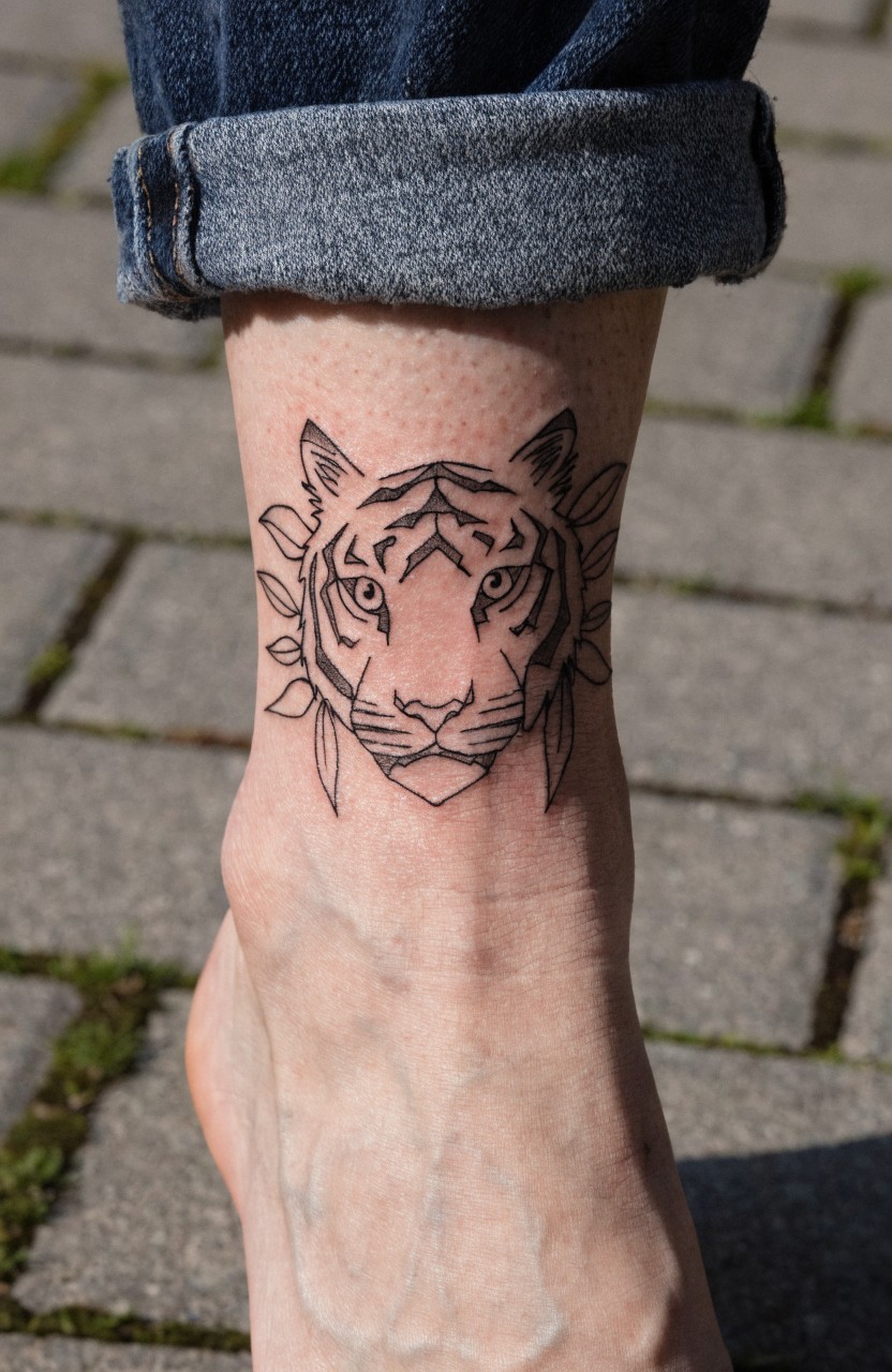 Black linework tattoo of tiger face with floral sunburst on woman's ankle over stone path