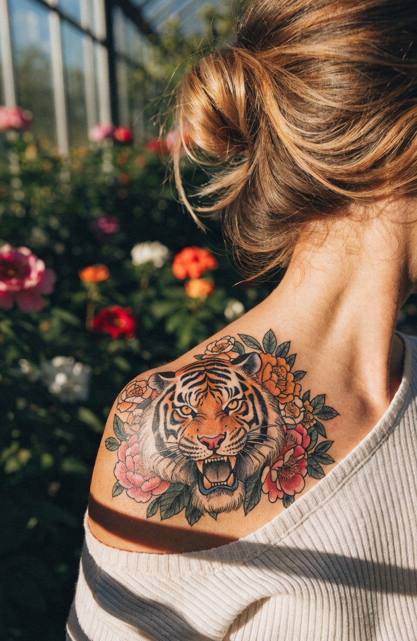 Vibrant tiger head tattoo surrounded by colorful roses and flowers on a woman's shoulder blade