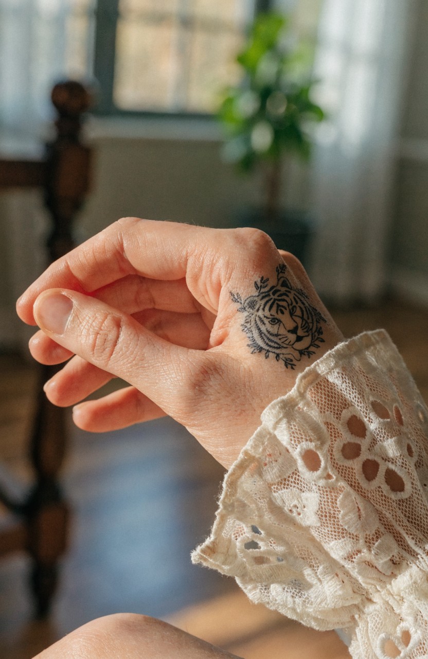 Delicate black line tattoo of a tiger head framed by floral vines on the back of a woman's hand