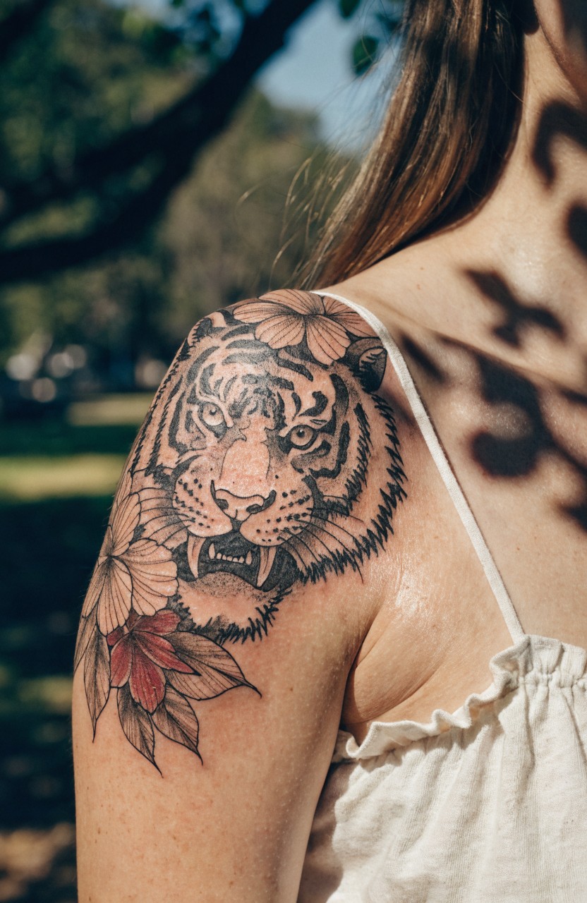 Woman's shoulder tattoo of snarling tiger head framed by red hibiscus flowers and leaves, detailed black linework with shading, outdoors under trees