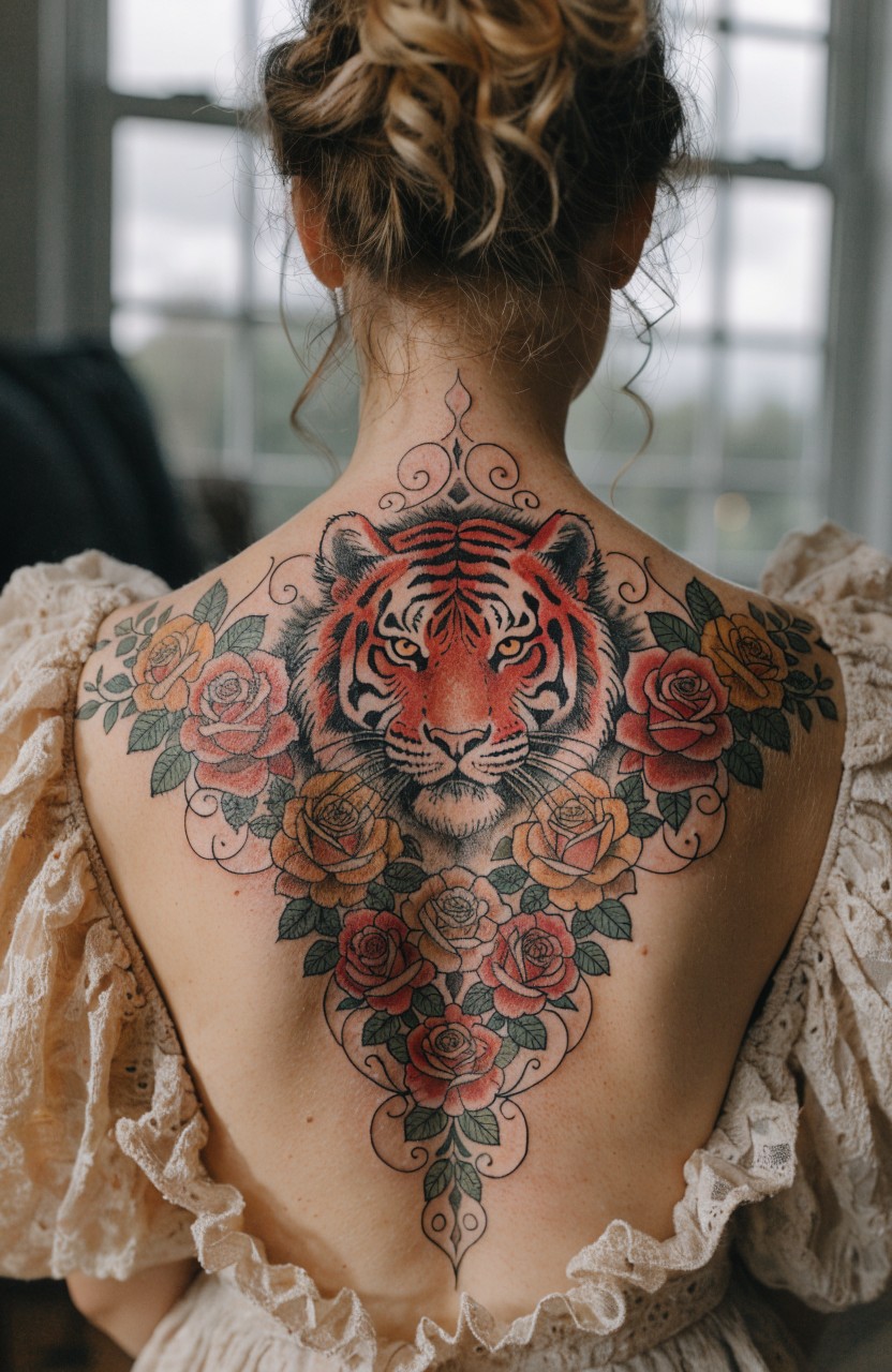Upper back tattoo of a realistic tiger face surrounded by colorful roses in reds oranges and yellows on a woman in an off-shoulder dress