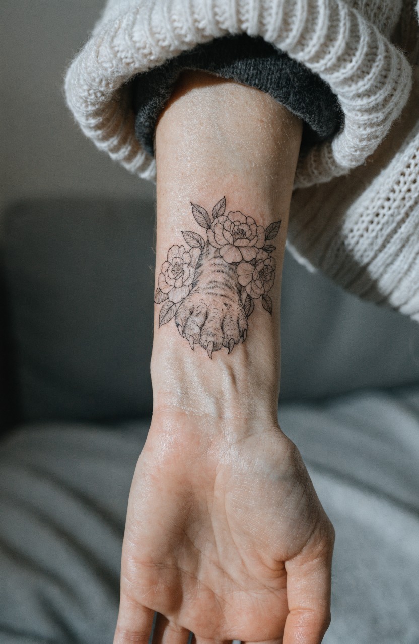 Black linework tattoo of tiger paw print encircled by blooming peonies on woman's inner forearm