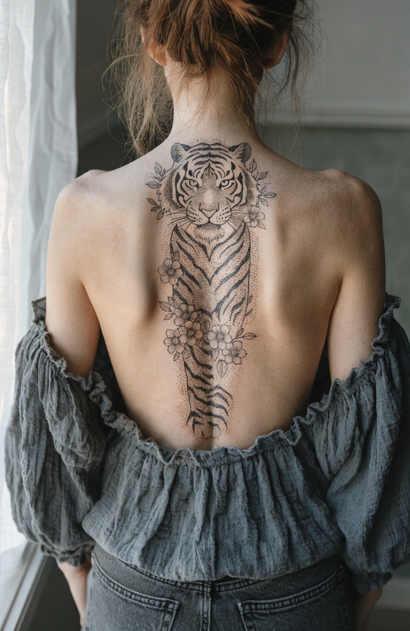 Black ink tiger tattoo with integrated flowers running vertically down a woman's full back and spine