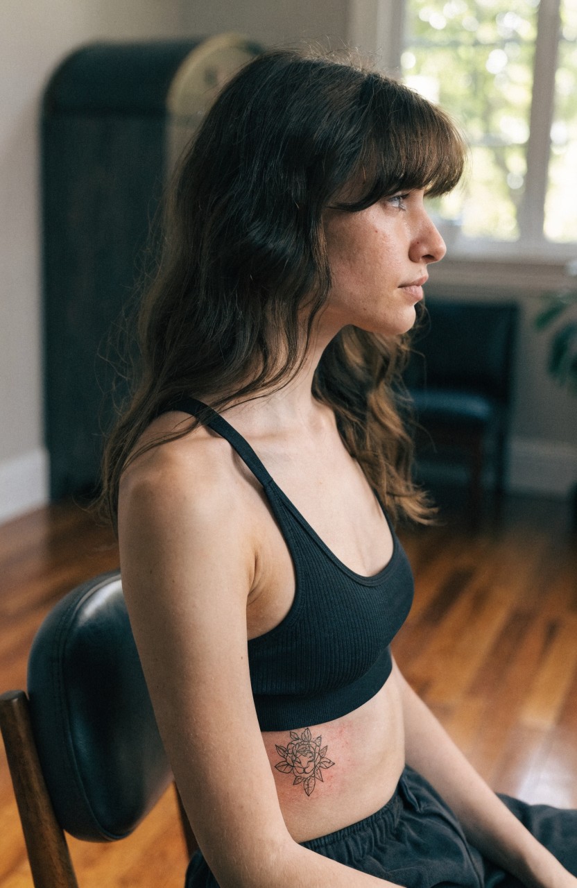 Delicate black linework floral tattoo on a woman's lower ribcage side, shaped like a symmetrical starburst flower, shown peeking from under a black sports bra