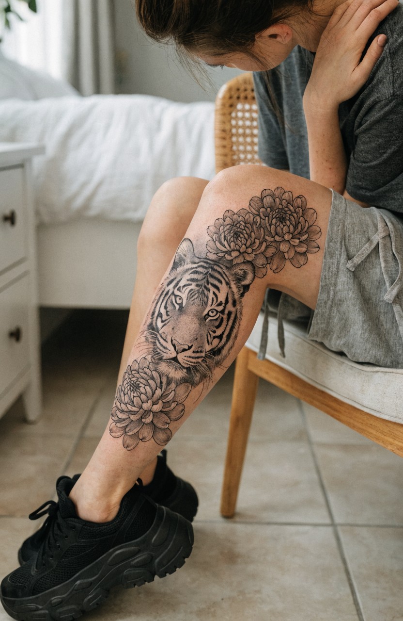 Black and gray tiger head tattoo with surrounding chrysanthemum flowers on a woman's thigh and upper leg, detailed shading and linework