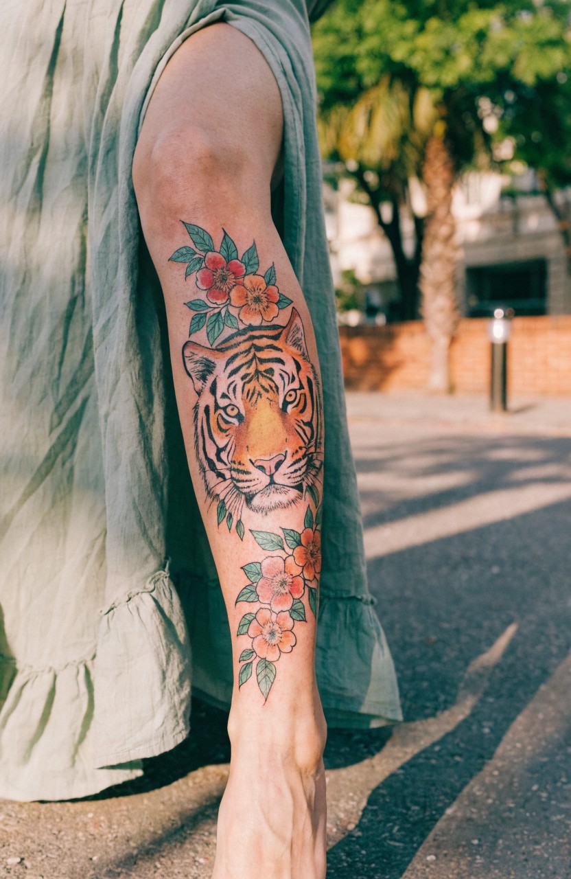 Colorful tiger head tattoo with pink flowers and green leaves on outer upper arm