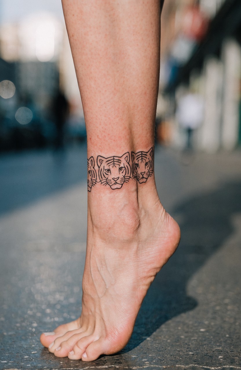 Black linework tattoo of three tiger heads arranged as an anklet around a woman's ankle