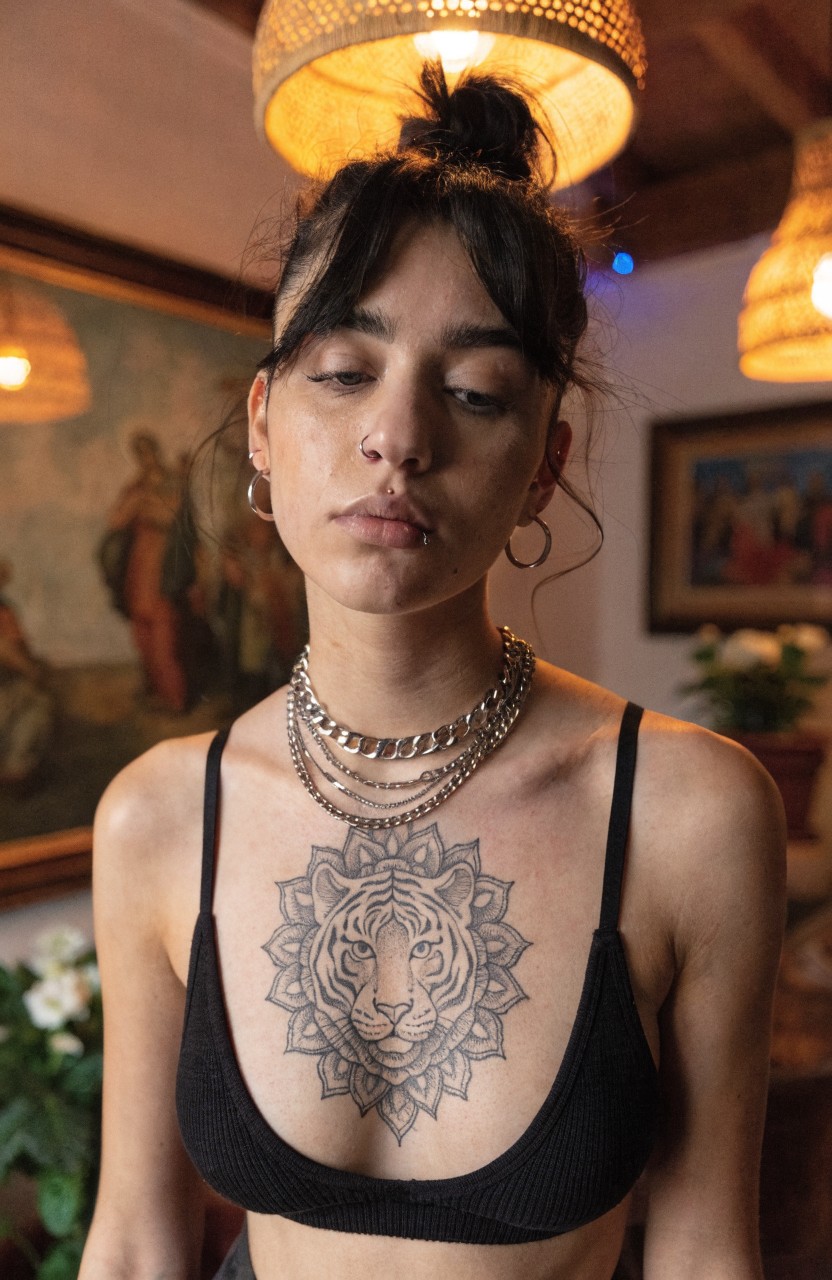 Black linework mandala tattoo featuring a tiger face on a woman's upper chest, centered with intricate symmetrical patterns
