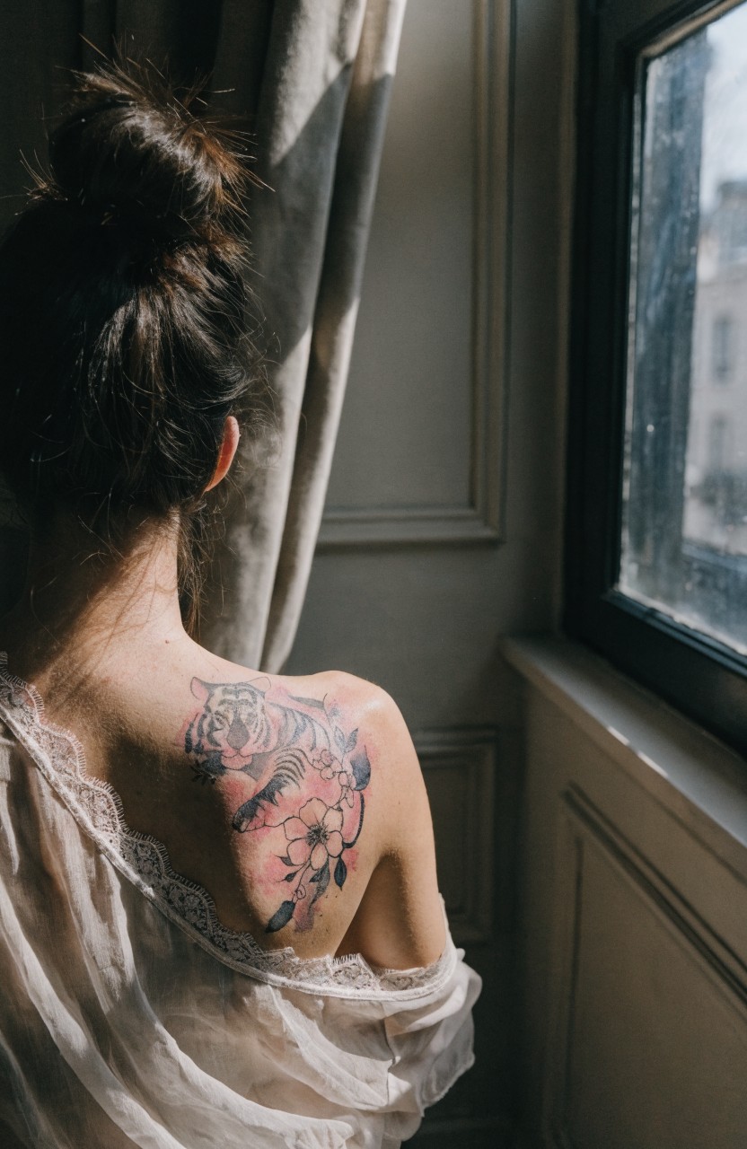 Woman's upper back and shoulder showing a large colorful tiger tattoo integrated with pink floral elements, viewed from behind near a window