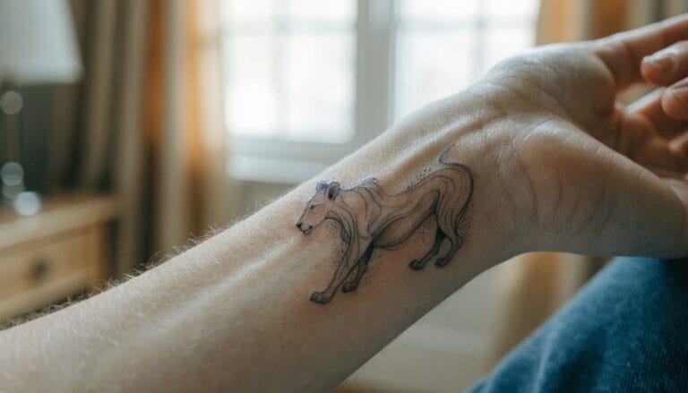 Fine line black ink lioness profile tattoo on a woman's inner forearm