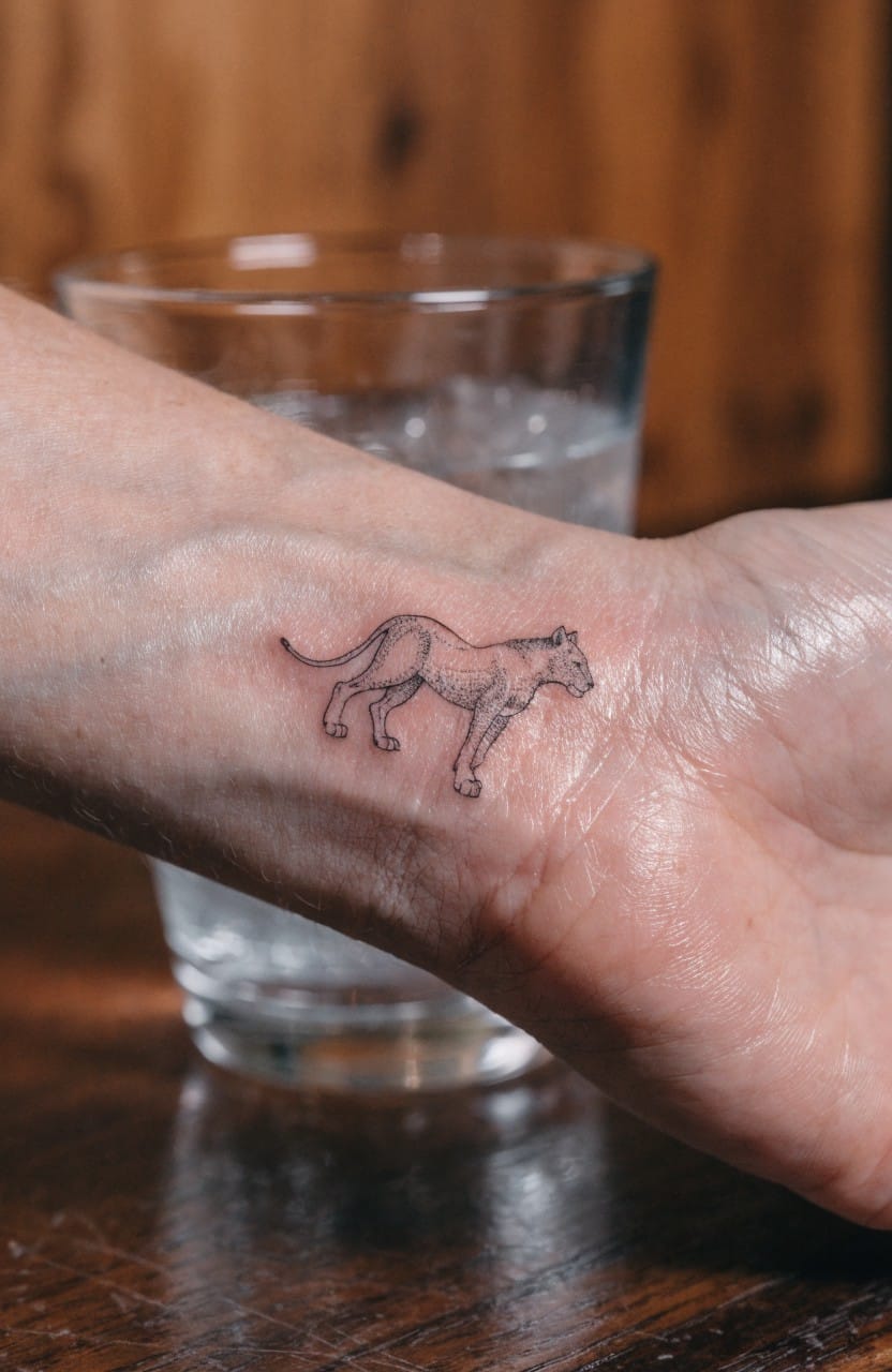 Small fine line tattoo of a walking lioness on a woman's inner forearm next to a glass of water on wood