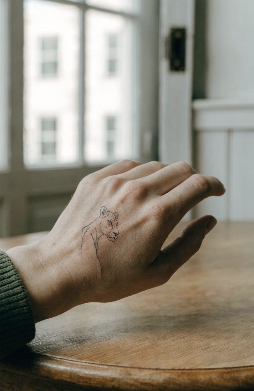 Minimalist fine line lioness head tattoo on the back of a hand resting on a wooden table near a window