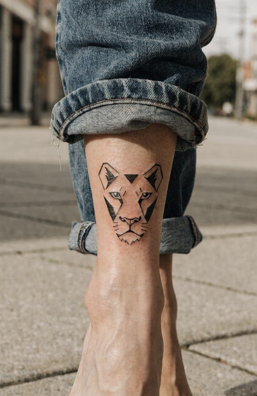 Black geometric linework lioness face tattoo on a woman's lower leg above the ankle with rolled up jeans